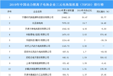 2019年中国动力锂离子电池企业三元电池装机量（TOP20）排行榜