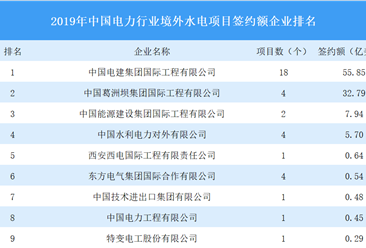 2019年中国电力行业境外水电项目签约额企业排行榜