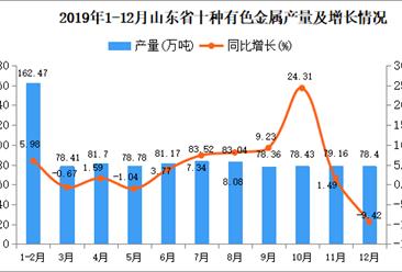2019年山东省十种有色金属产量同比增长4.41%