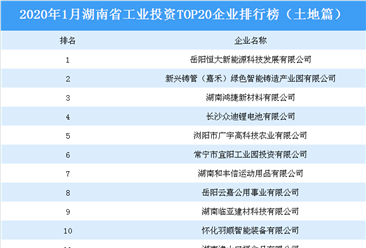 產業地產投資情報:2020年1月湖南省工業投資TOP20企業排名(土地篇)