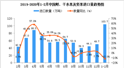 2020年1-2月中国鲜、干水果及坚果进口量为103.7万吨 同比下降12%
