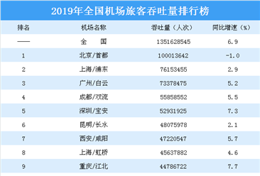 2019年全国机场旅客吞吐量排行榜：北京首都第一 38个机场吞吐量下降（图）