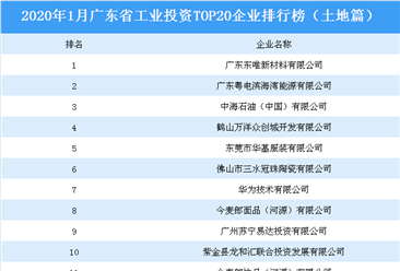 產業地產投資情報:2020年1月廣東省工業投資TOP20企業排名(土地篇)