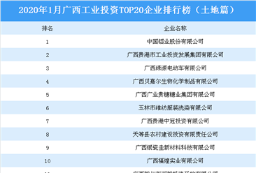 產業地產投資情報:2020年1月廣西工業投資TOP20企業排名(土地篇)