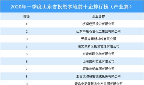 2020年一季度山东省投资拿地前十企业排行榜（产业篇）