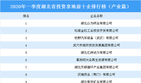 2020年一季度湖北省投资拿地前十企业排行榜（产业篇）