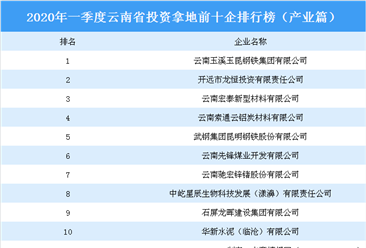 2020年一季度云南省投资拿地前十企业排行榜（产业篇）