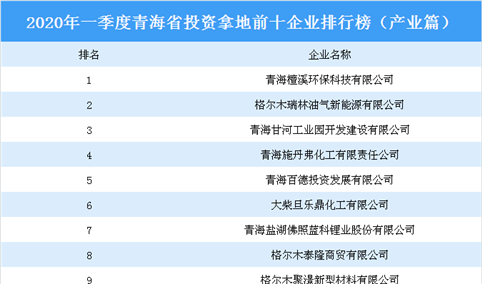 2020年一季度青海省投资拿地前十企业排行榜（产业篇）