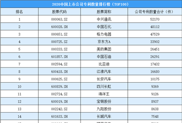 2020年中國上市公司研發專利數量排行榜（TOP100）
