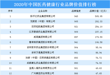 2020年中国医药健康行业品牌价值排行榜
