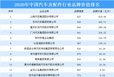 2020年中国汽车及配件行业品牌价值榜单出炉：上汽集团位居榜首（附排名）