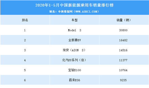 2020年1-5月新能源乘用车销量排行榜