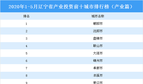2020年1-5月辽宁省产业投资前十城市排名（产业篇）