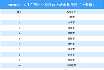 2020年1-5月广西产业投资前十城市排名（产业篇）