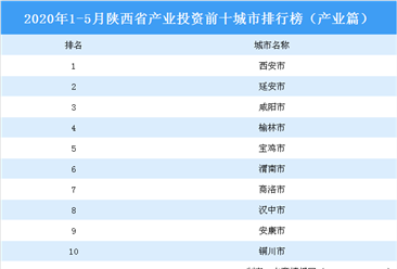 2020年1-5月陕西省产业投资前十城市排名（产业篇）