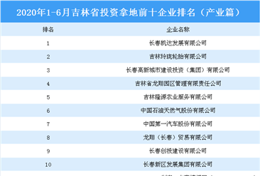 产业地产投资情报：2020上半年吉林省投资拿地前十企业排行榜（产业篇）