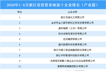 产业地产投资情报：2020上半年浙江省投资拿地前十企业排行榜（产业篇）