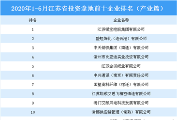 产业地产投资情报：2020上半年江苏省投资拿地前十企业排行榜（产业篇）