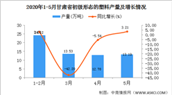 2020年1-5月甘肃省初级形态的塑料产量为63.62万吨 同比增长26.16%