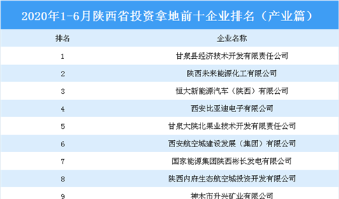 产业地产投资情报：2020年1-6月陕西省投资拿地前十企业排行榜（产业篇）