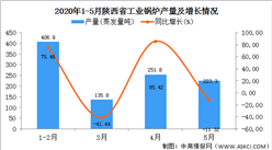 2020年1-5月陕西省工业锅炉产量为1017.70蒸发量吨   同比增长28.90%