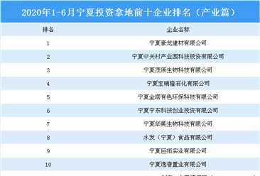 产业地产投资情报：2020年1-6月宁夏投资拿地前十企业排行榜（产业篇）