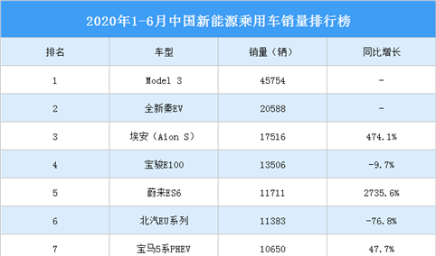 2020年1-6月新能源乘用车销量排行榜