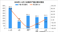 2020年1-6月陕西省工业锅炉产量为1249.30蒸发量吨  同比下降21.03%