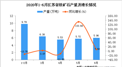 2020年1-6月江苏省铁矿石产量为33.37万吨 同比下降5.81%