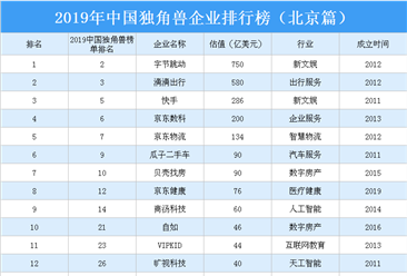 2019年中国独角兽企业排行榜（北京篇）