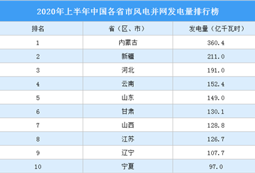 2020年1-6月中国各省市风电并网发电量排行榜