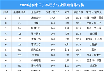 2020胡润中国共享经济行业独角兽排行榜