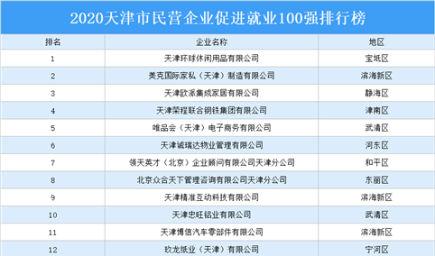 2020年天津市民营企业促进就业100强排行榜