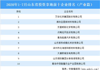 产业地产投资情报：2020年1-7月山东省投资拿地前十企业排行榜（产业篇）