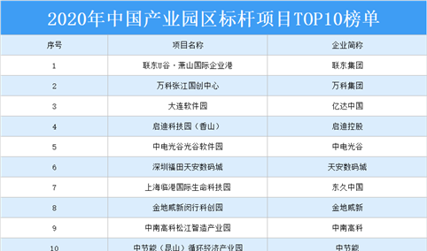 2020年中国产业园区标杆项目TOP10排行榜