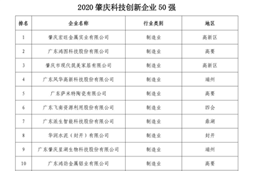 2020年肇慶科技創新企業50強排行榜