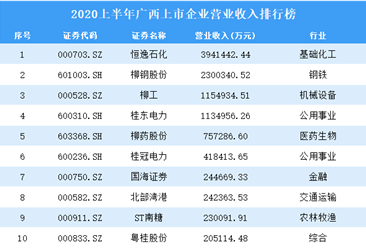 2020上半年广西上市企业30强排行榜