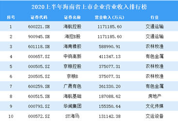 2020上半年海南省上市企业30强排行榜