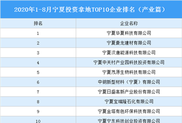 产业地产投资情报:2020年1-8月宁夏投资拿地TOP10企业排名(产业篇)