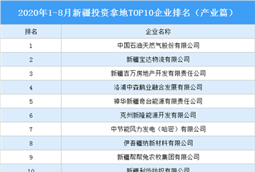 产业地产投资情报:2020年1-8月新疆投资拿地TOP10企业排名(产业篇)
