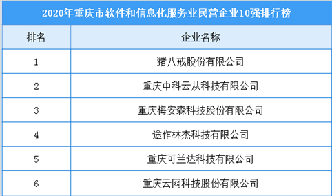 2020年重庆市软件和信息化服务业民营企业10强排行榜