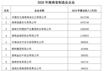 2020年海南省制造業企業排行榜