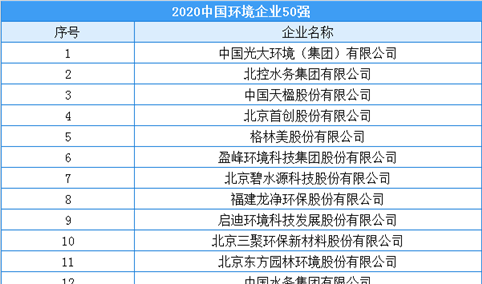 2020年中国环境企业50强排行榜