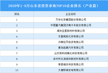 产业地产投资情报:2020年1-9月山东省投资拿地TOP10企业排名(产业篇)