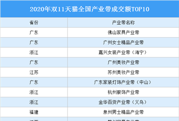 2020年双11天猫全国产业带成交额TOP10：广东占4个浙江占3个（图）