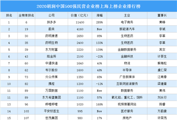 2020胡润中国500强民营企业榜上海上榜企业排行榜（附榜单）