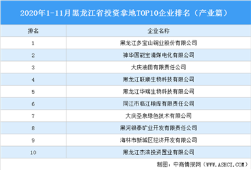产业地产投资情报:2020年1-11月黑龙江省投资拿地TOP10企业排名(产业篇)