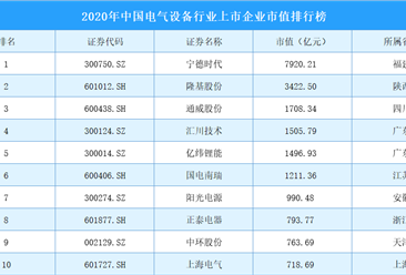 2020年中国电气设备行业上市企业市值排行榜（TOP200）