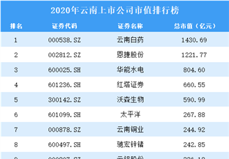 2020年云南上市公司市值排行榜（附全榜单）