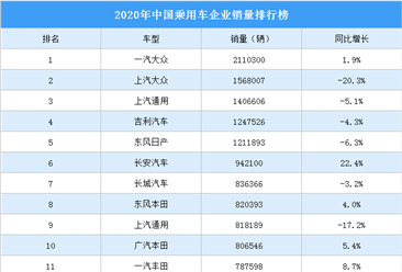 2020年中国乘用车企业销量排行榜